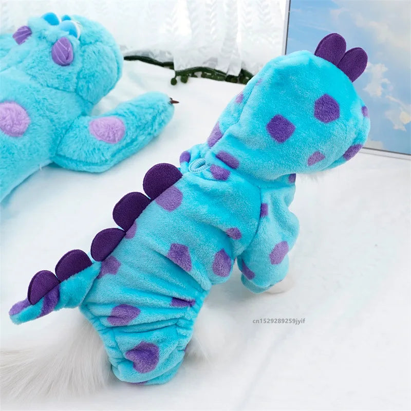 Thickened Warm Blue Dinosaur Hooded Coat for Small to Medium Dogs - Autumn and Winter Pet Apparel