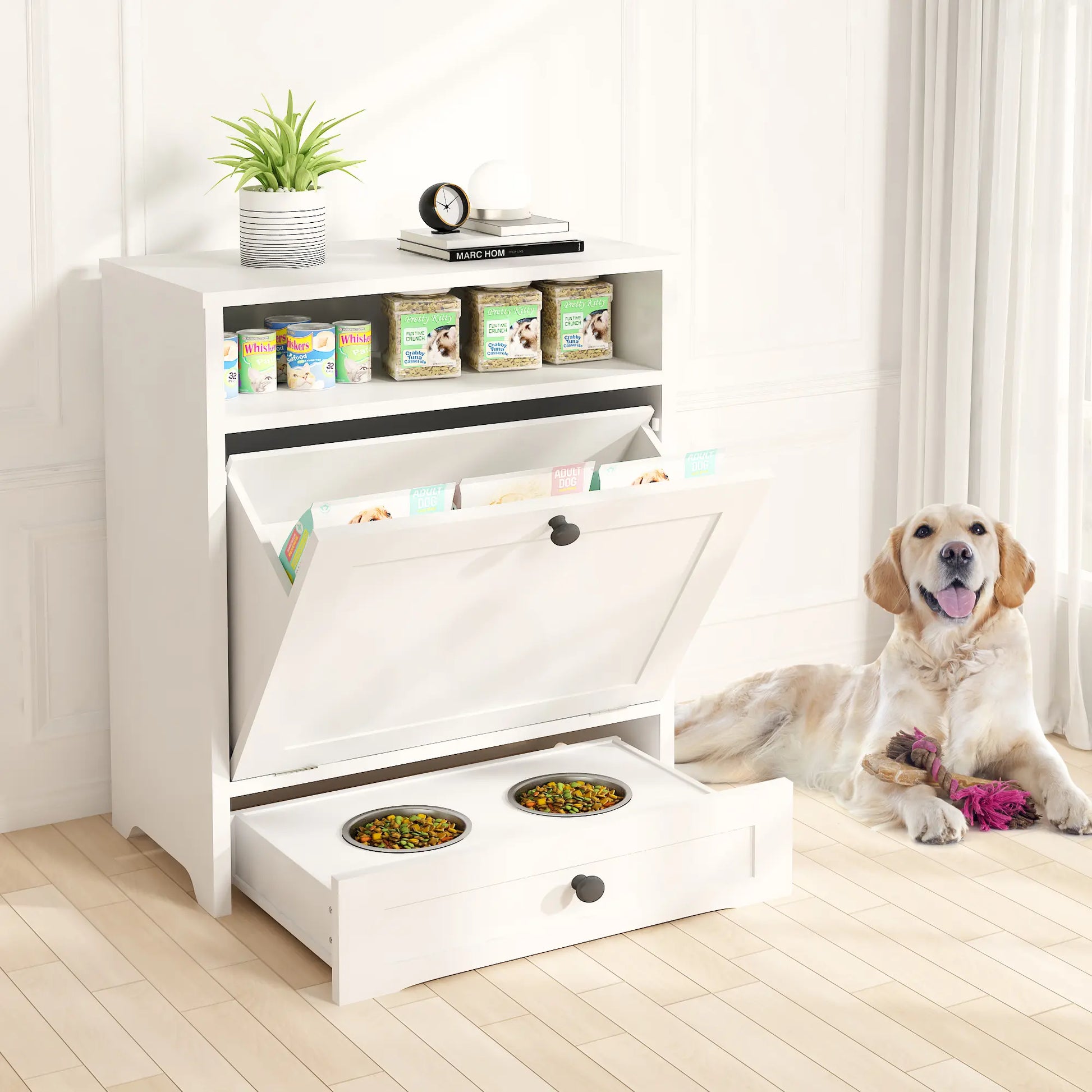 Linkromat Elevated Dog Feeding Station with Storage Cabinet and Two Bowls, Brown