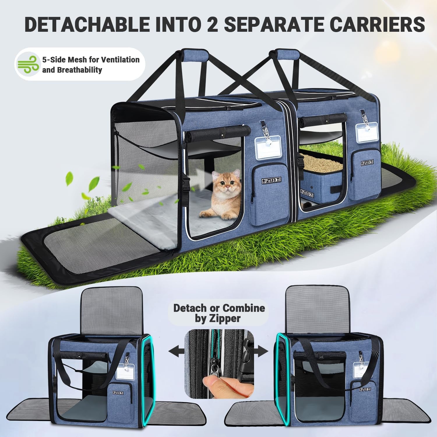 Portable Dual Cat Carrier with Integrated Litter Box (Blue)