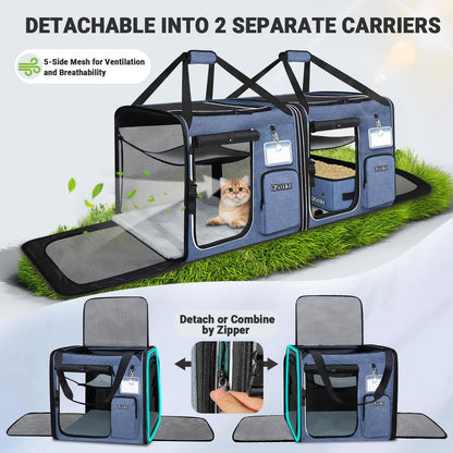 Portable Dual Cat Carrier with Integrated Litter Box (Blue)
