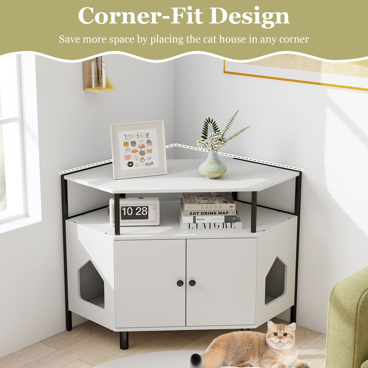 Corner Cat Litter Box Enclosure with Integrated Open Shelf