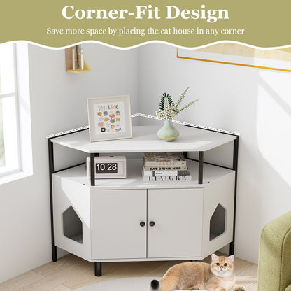 Corner Cat Litter Box Enclosure with Integrated Open Shelf