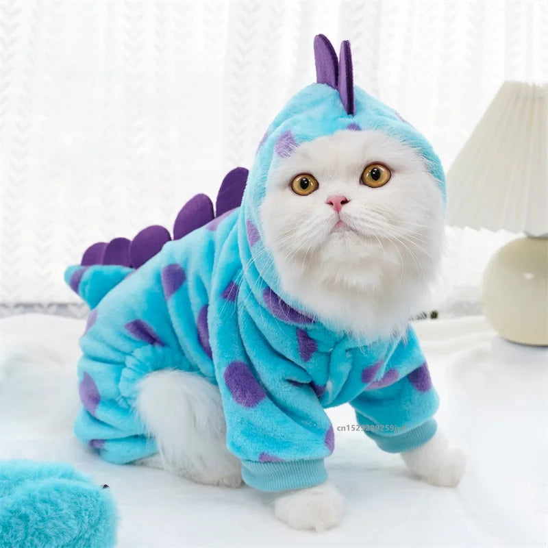 Thickened Warm Blue Dinosaur Hooded Coat for Small to Medium Dogs - Autumn and Winter Pet Apparel