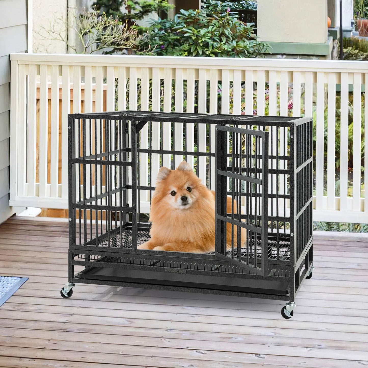 Foldable Metal Dog Cage with Double Doors and Wheels - 96/120 cm