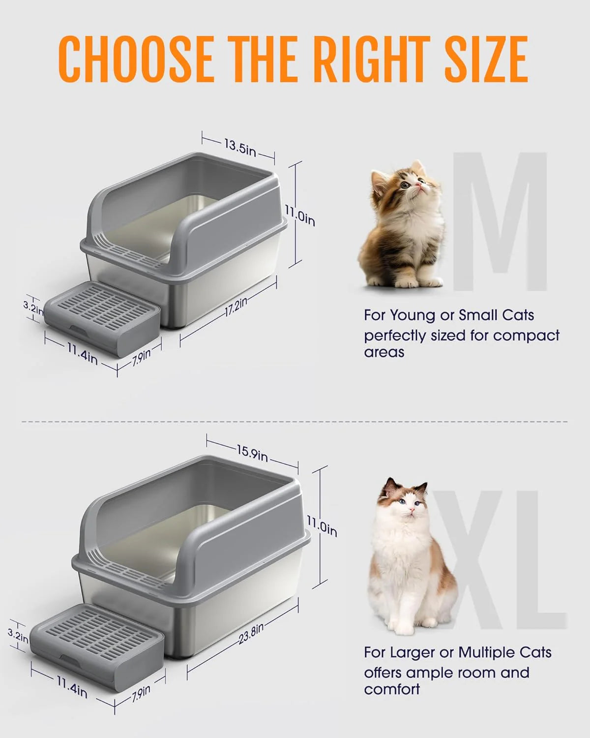 Stainless Steel Cat Litter Box with Scatter-Proof Elevated Step Board and Scoop - Durable Non-Sticky Design in Grey
