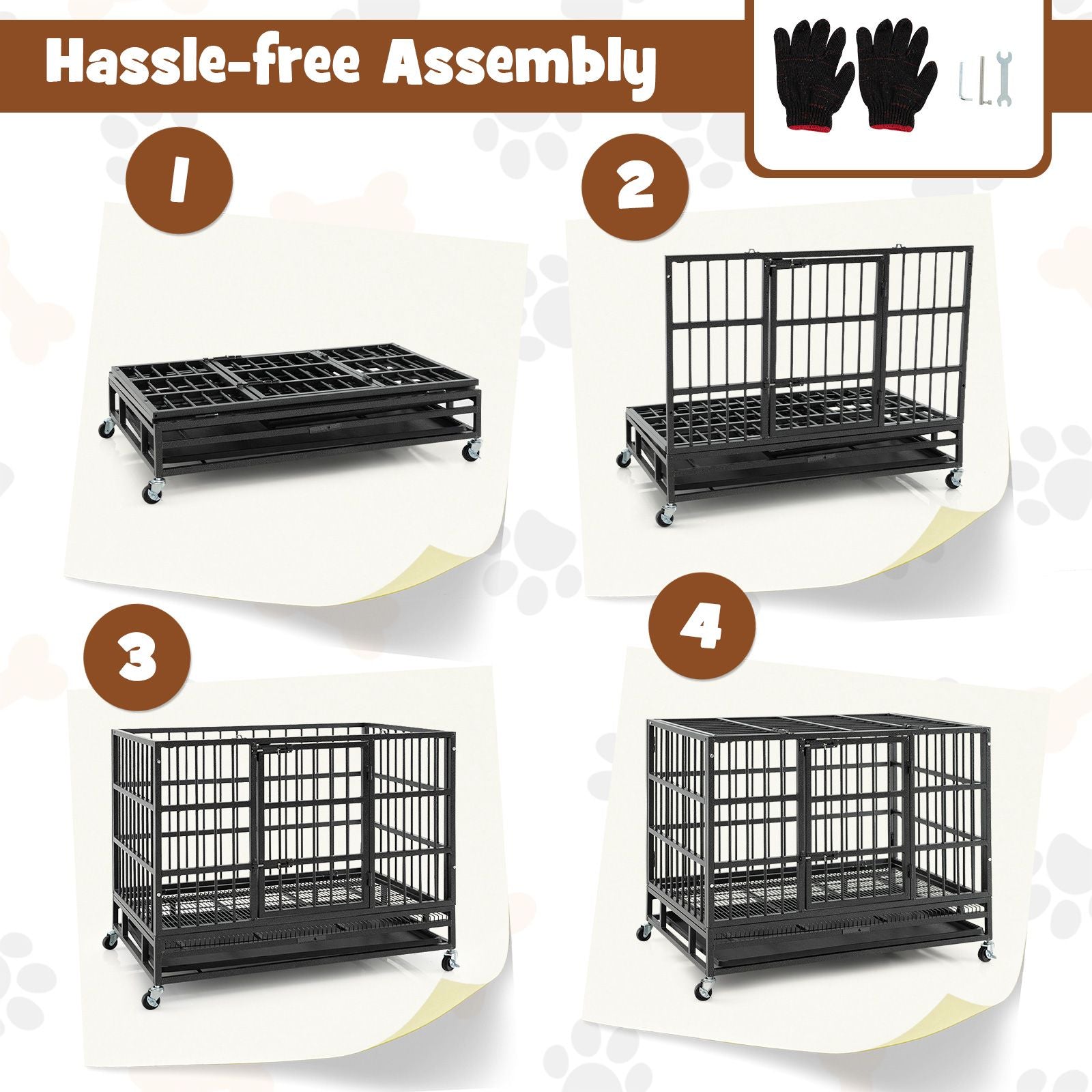 Foldable Metal Dog Cage with Double Doors and Wheels - 96/120 cm