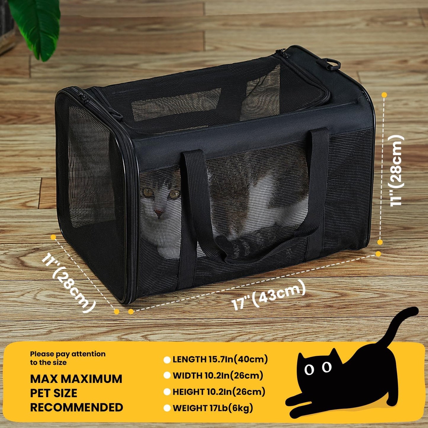 Soft-Sided Cat Carrier Bag - Airline Approved Pet Transport for Small to Medium Cats and Puppies up to 15 lbs, Featuring 4-Sided Mesh and Collapsible Design