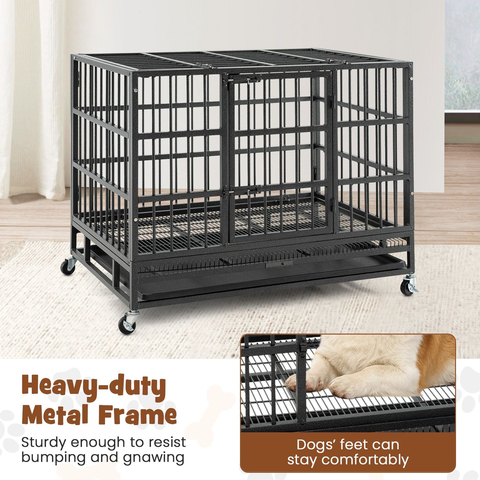 Foldable Metal Dog Cage with Double Doors and Wheels - 96/120 cm