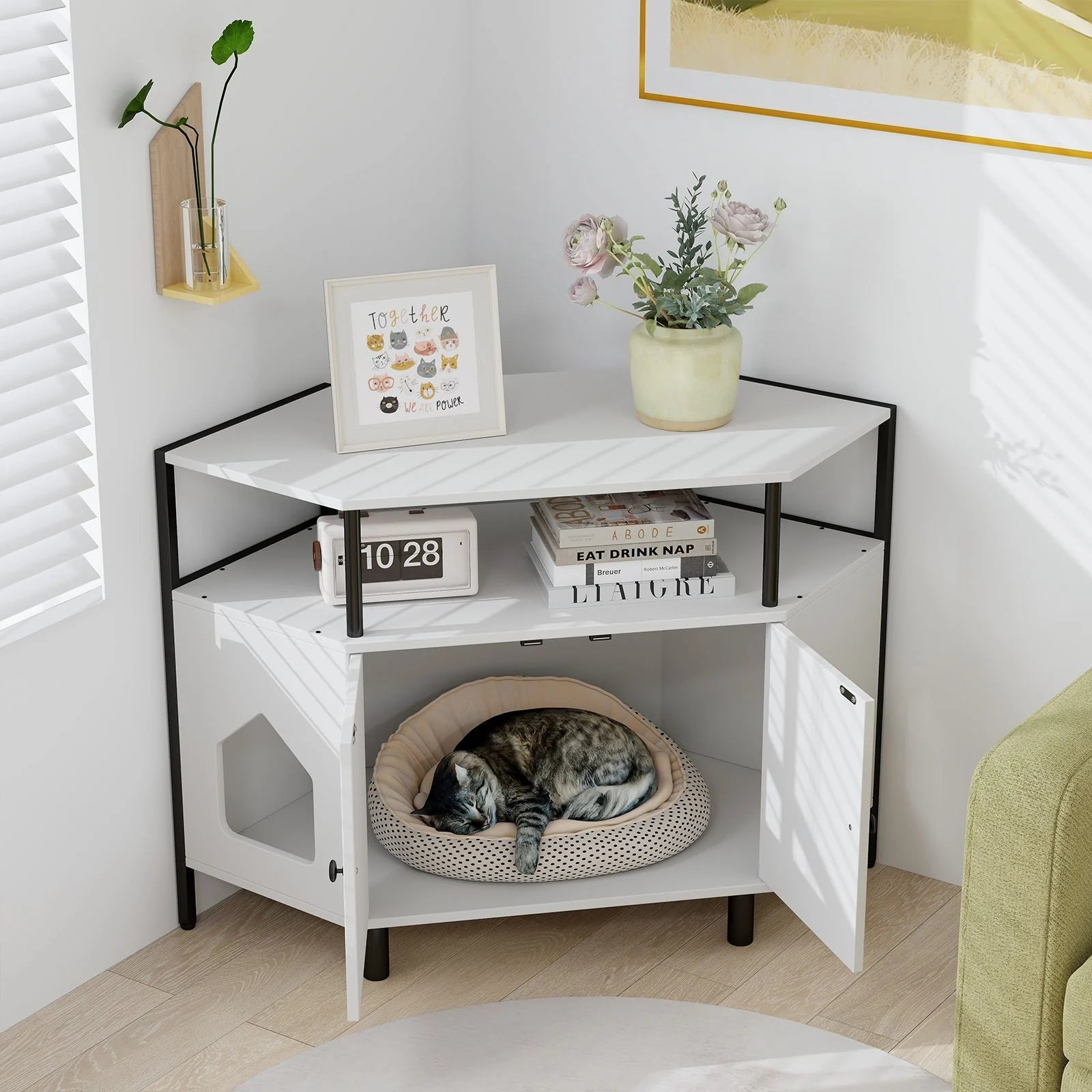 Corner Cat Litter Box Enclosure with Integrated Open Shelf