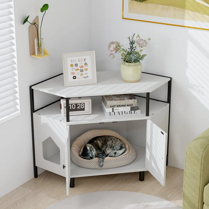 Corner Cat Litter Box Enclosure with Integrated Open Shelf