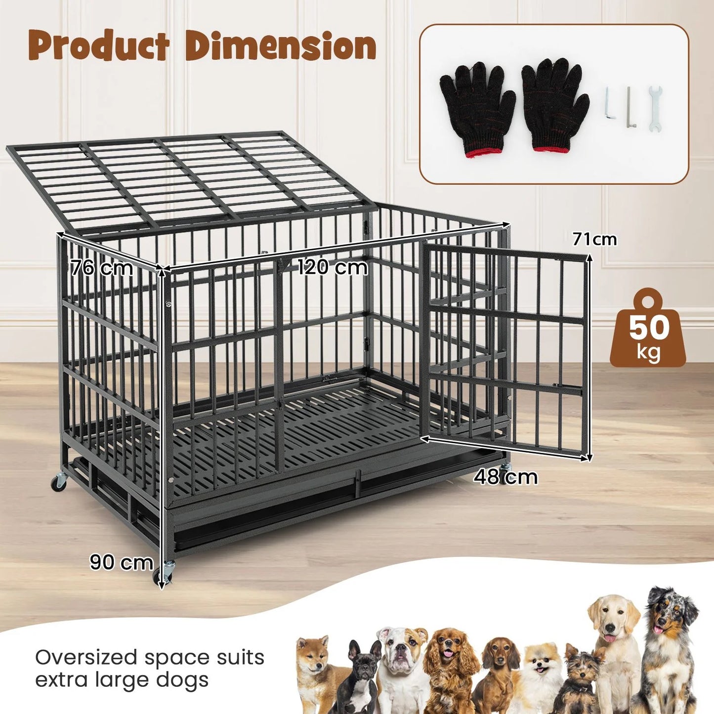 Foldable Metal Dog Cage with Double Doors and Wheels - 96/120 cm