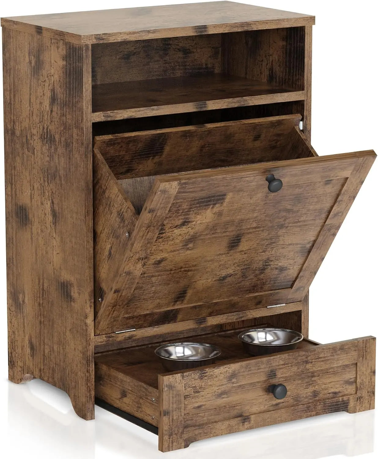Linkromat Elevated Dog Feeding Station with Storage Cabinet and Two Bowls, Brown