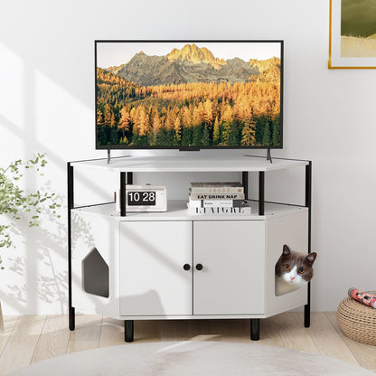 Corner Cat Litter Box Enclosure with Integrated Open Shelf