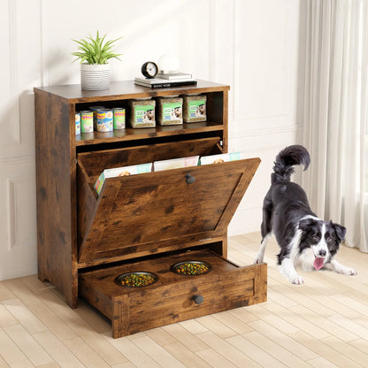 Linkromat Elevated Dog Feeding Station with Storage Cabinet and Two Bowls, Brown