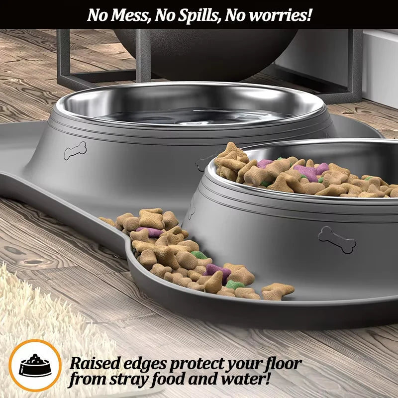 Stainless Steel Slow Feeder Dog Bowl Set with Waterproof Silicone Mat - Non-Slip Feeding Station for All Breed Sizes