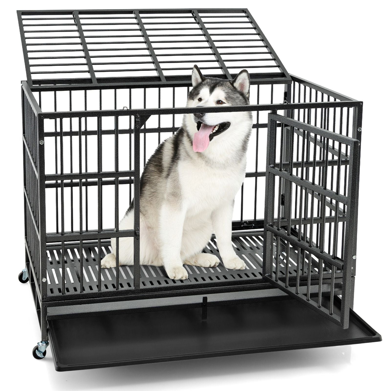 Foldable Metal Dog Cage with Double Doors and Wheels - 96/120 cm