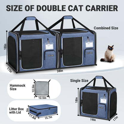 Portable Dual Cat Carrier with Integrated Litter Box (Blue)