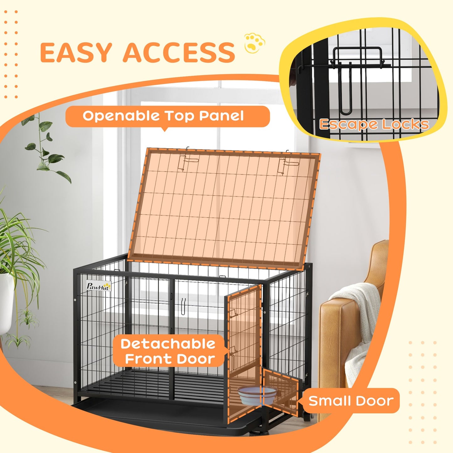 Pawhut 36-Inch Heavy-Duty Dog Crate with Wheels, Bowl Holder, and Removable Tray