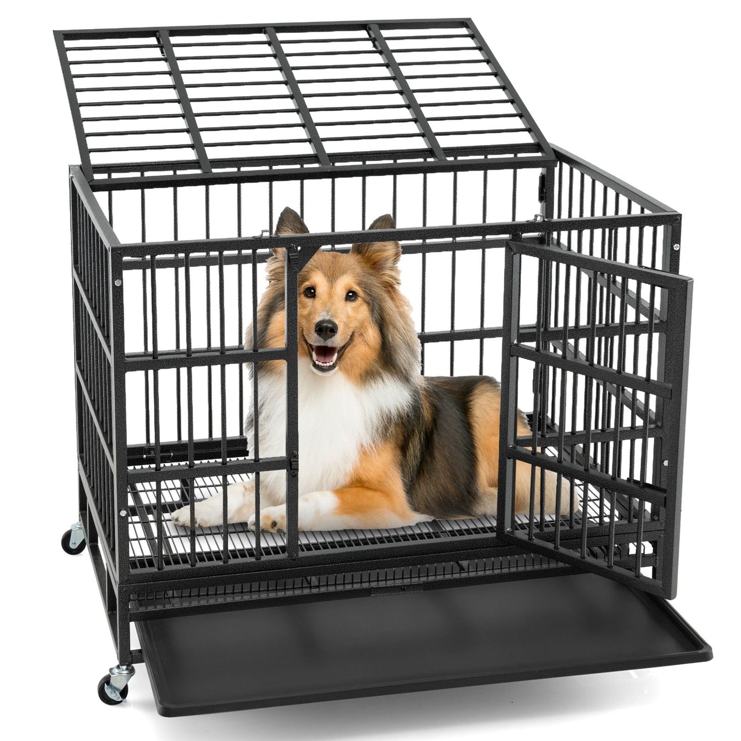 Foldable Metal Dog Cage with Double Doors and Wheels - 96/120 cm