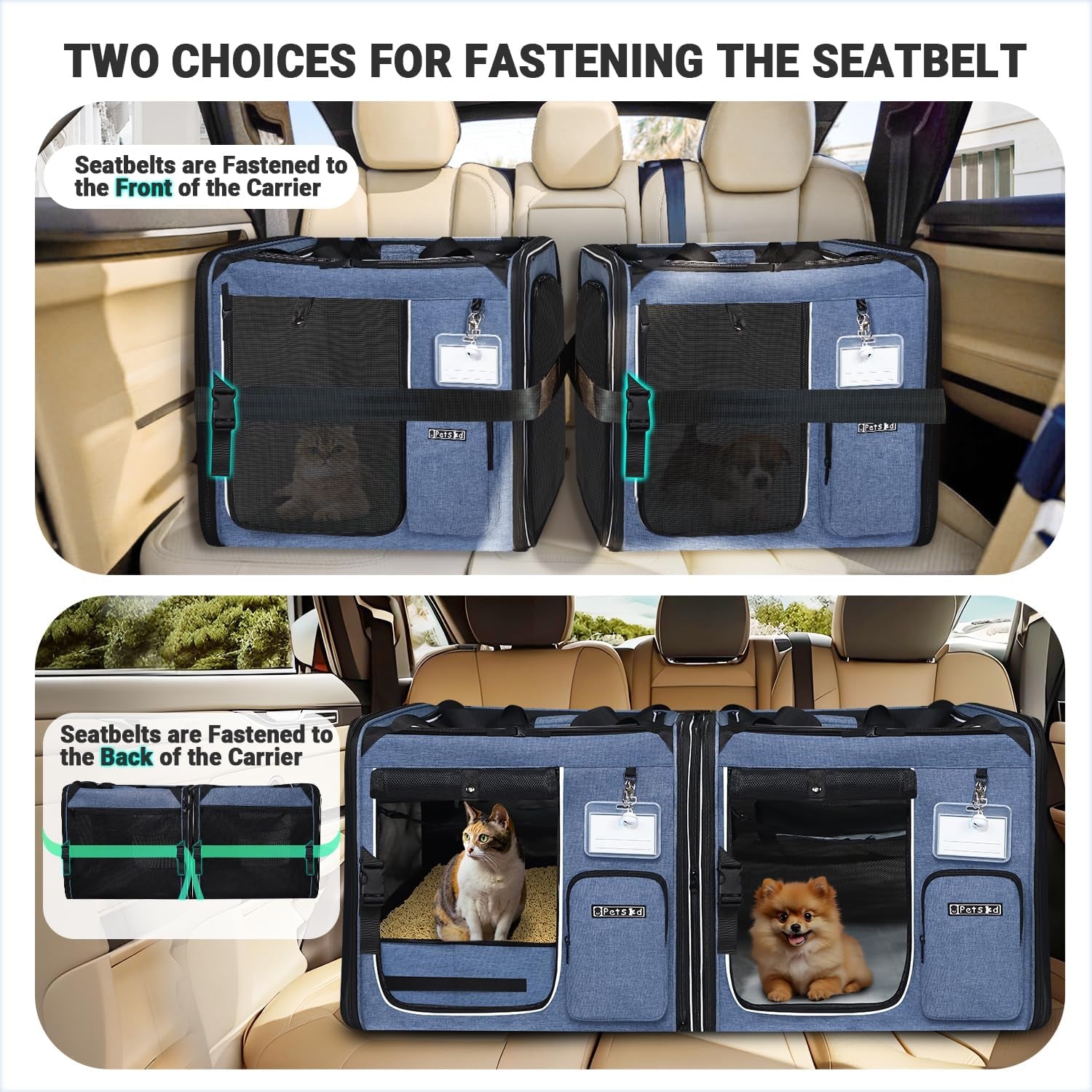 Portable Dual Cat Carrier with Integrated Litter Box (Blue)