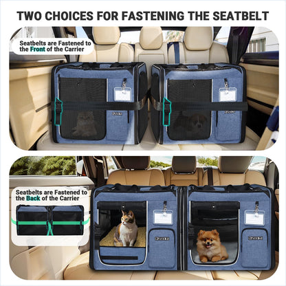 Portable Dual Cat Carrier with Integrated Litter Box (Blue)