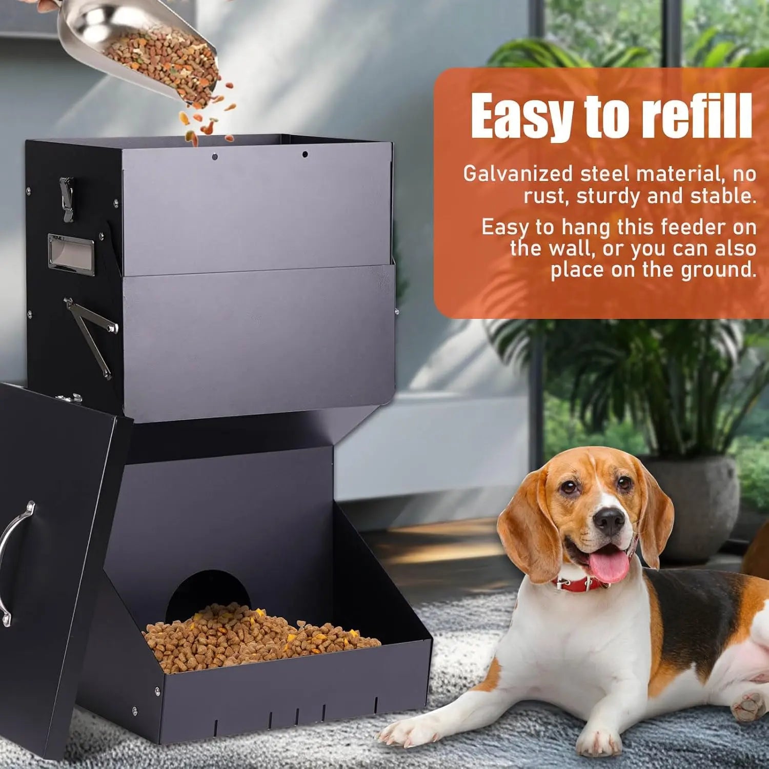 Outdoor Automatic Dog Feeder for Large Breeds - 25 lbs Galvanized Gravity Dog Food Dispenser and Hanging Feeder for Dogs, Chickens, and Farm Animals
