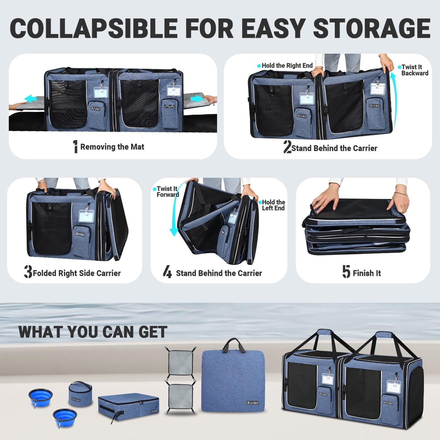 Portable Dual Cat Carrier with Integrated Litter Box (Blue)