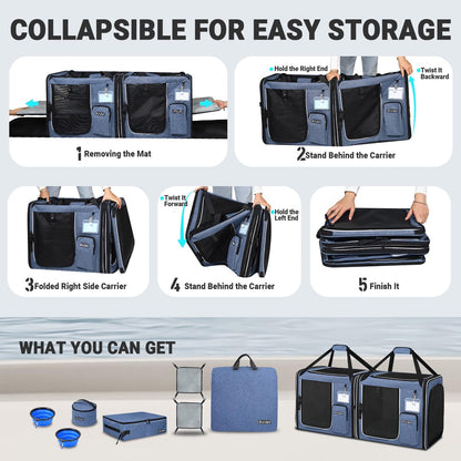 Portable Dual Cat Carrier with Integrated Litter Box (Blue)