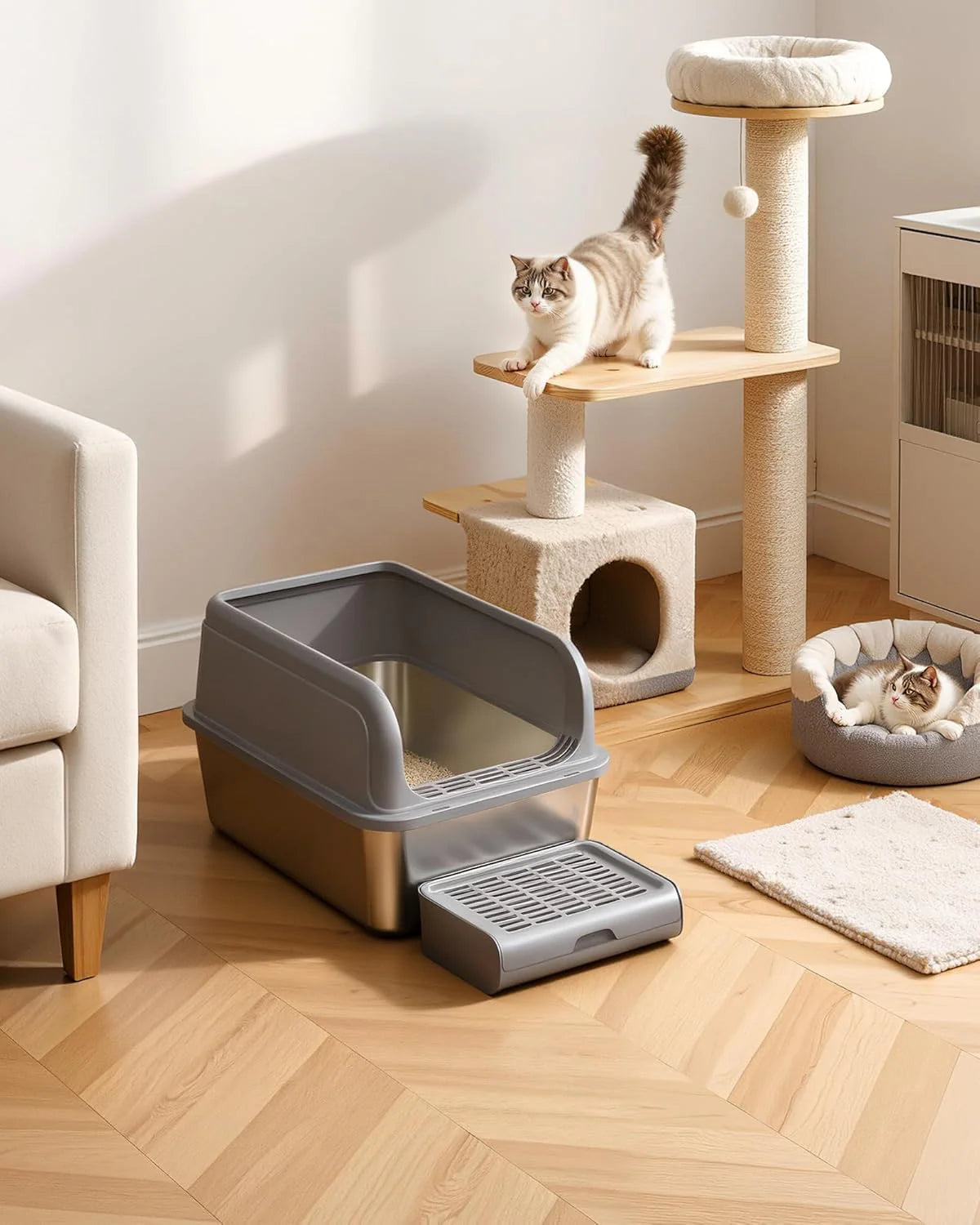 Stainless Steel Cat Litter Box with Scatter-Proof Elevated Step Board and Scoop - Durable Non-Sticky Design in Grey