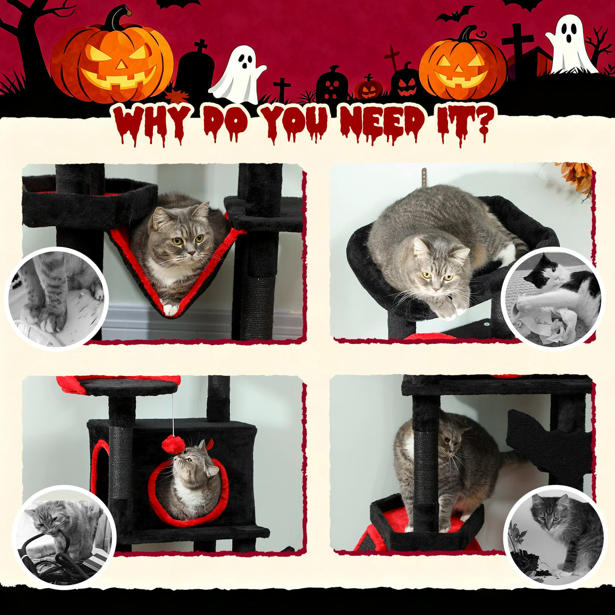 Gothic Cat Tree with Coffin Bed, 152cm - We Wuv Pets