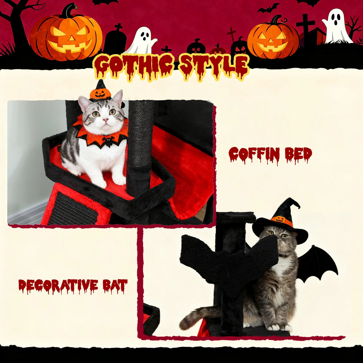 Gothic Cat Tree with Coffin Bed, 152cm - We Wuv Pets