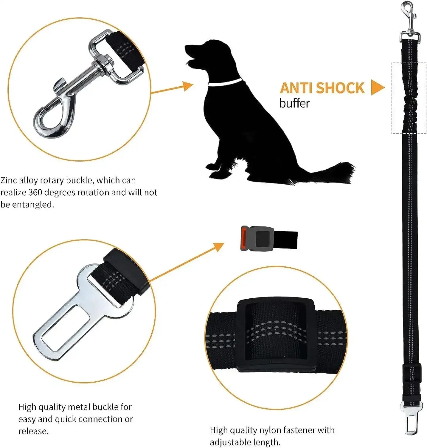 High-Quality Adjustable Dog Car Safety Belt with Damping Feature and Reflective Line, Suitable for All Dog Sizes
