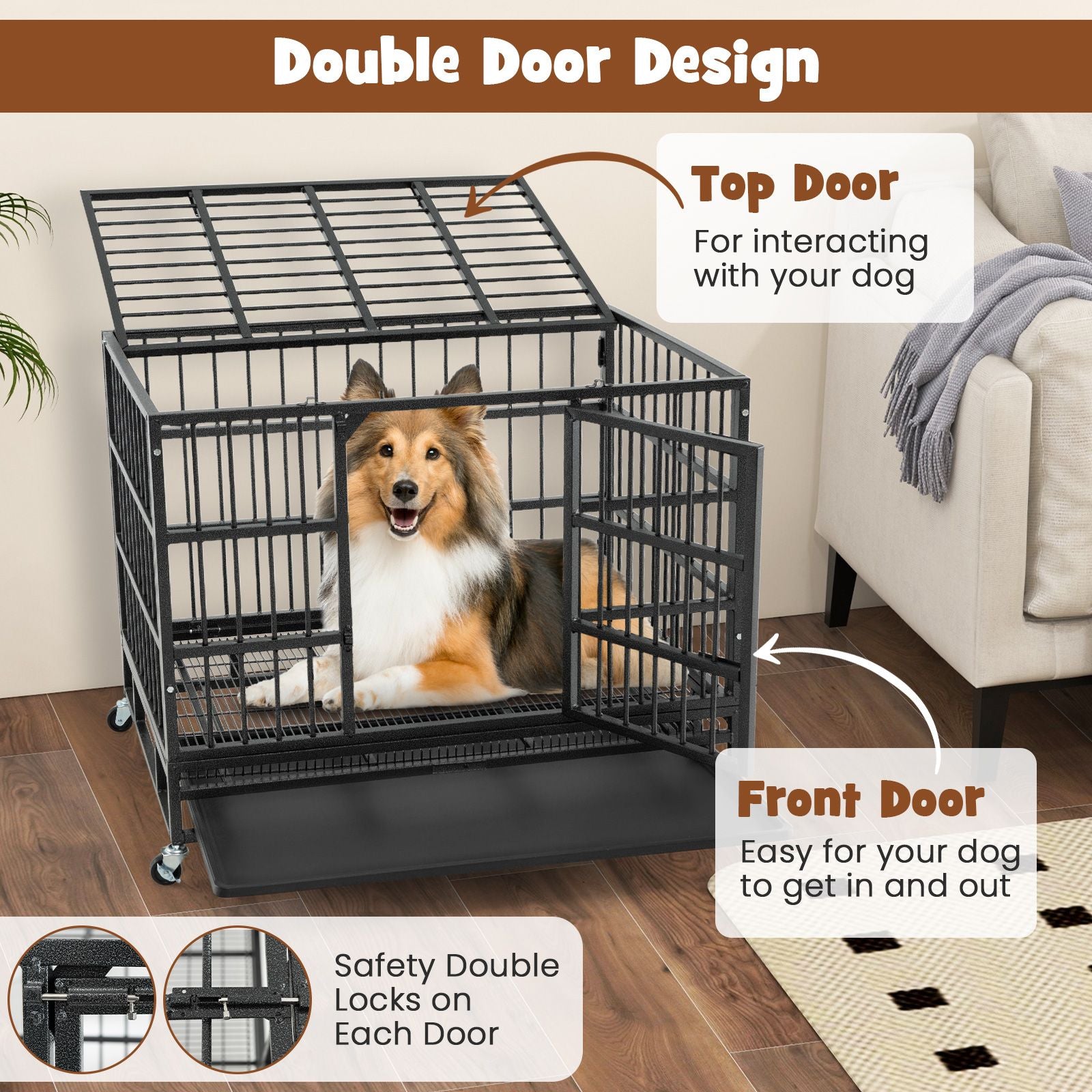 Foldable Metal Dog Cage with Double Doors and Wheels - 96/120 cm