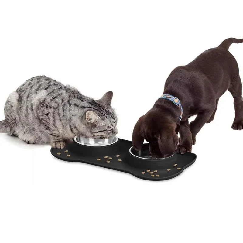Stainless Steel Slow Feeder Dog Bowl Set with Waterproof Silicone Mat - Non-Slip Feeding Station for All Breed Sizes