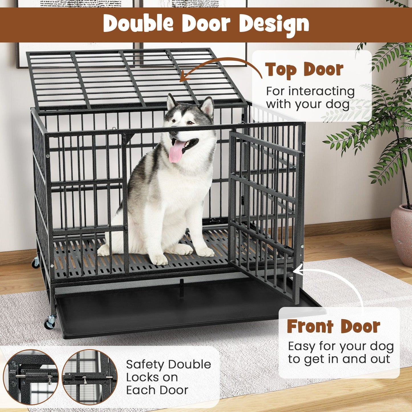 Foldable Metal Dog Cage with Double Doors and Wheels - 96/120 cm