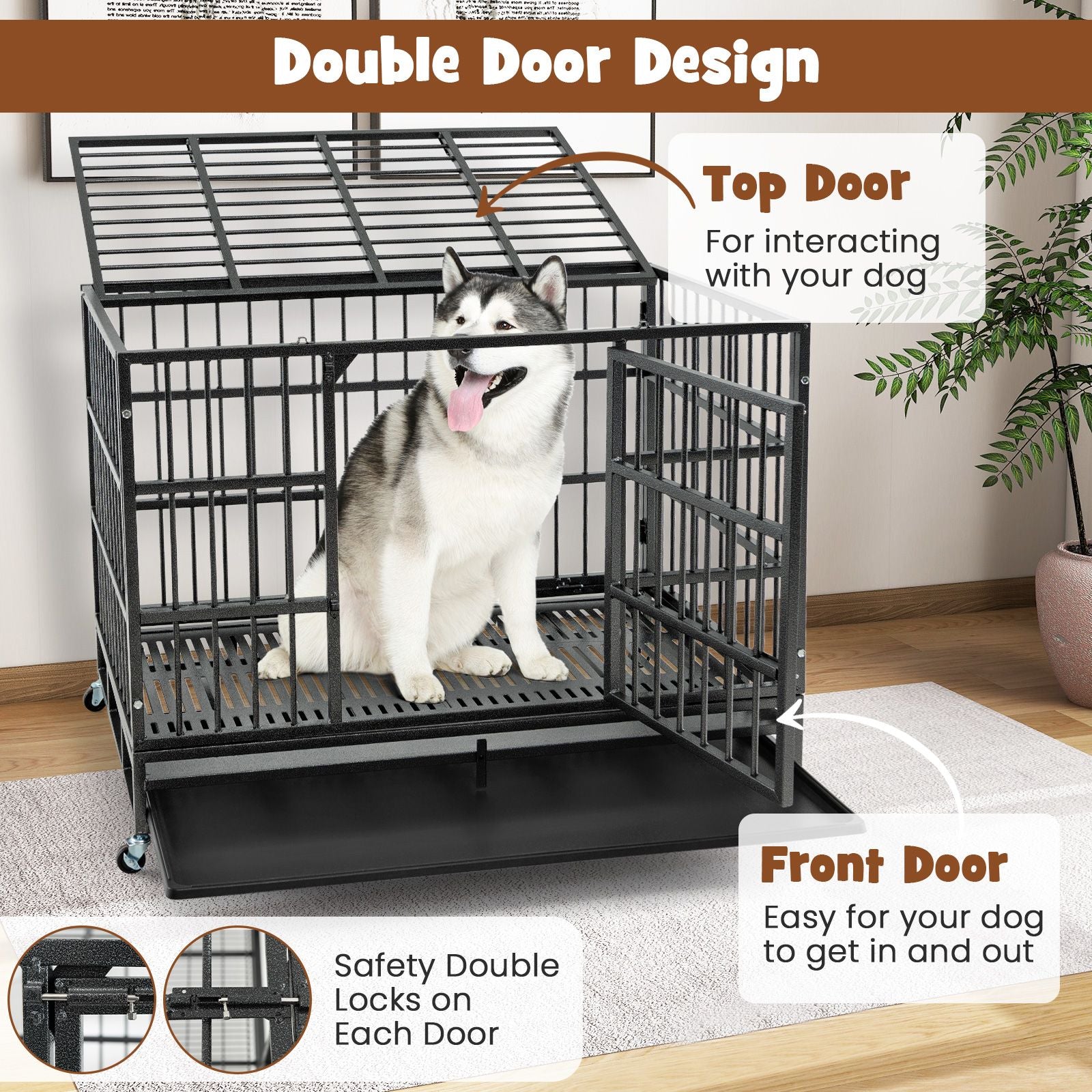 Foldable Metal Dog Cage with Double Doors and Wheels - 96/120 cm