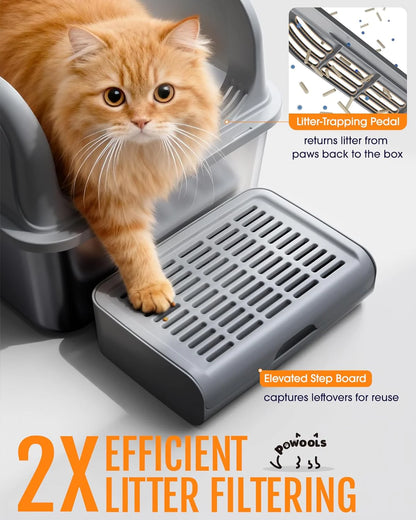 Stainless Steel Cat Litter Box with Scatter-Proof Elevated Step Board and Scoop - Durable Non-Sticky Design in Grey