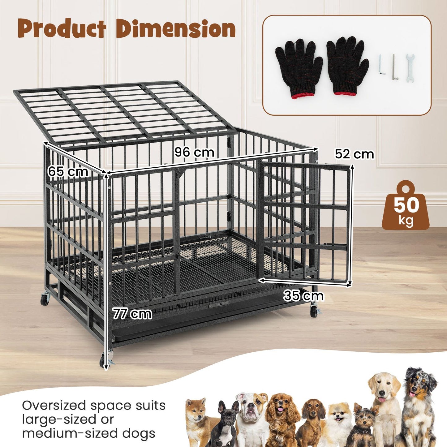 Foldable Metal Dog Cage with Double Doors and Wheels - 96/120 cm