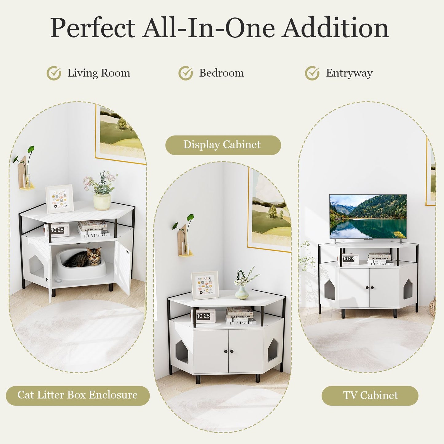 Corner Cat Litter Box Enclosure with Integrated Open Shelf