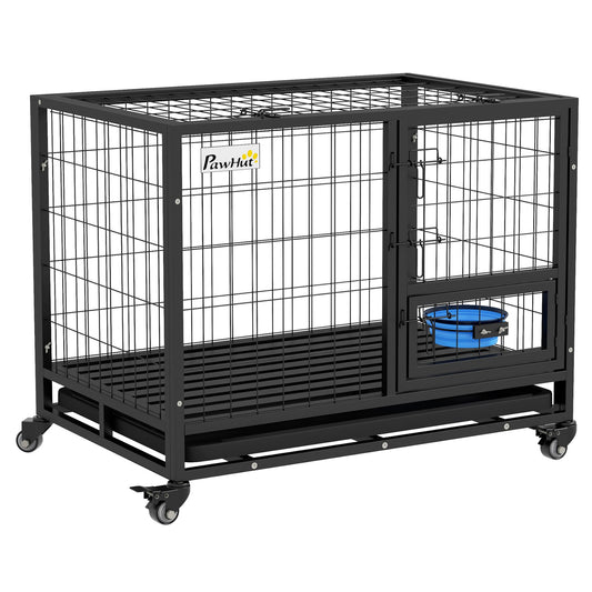 Pawhut 36-Inch Heavy-Duty Dog Crate with Wheels, Bowl Holder, and Removable Tray