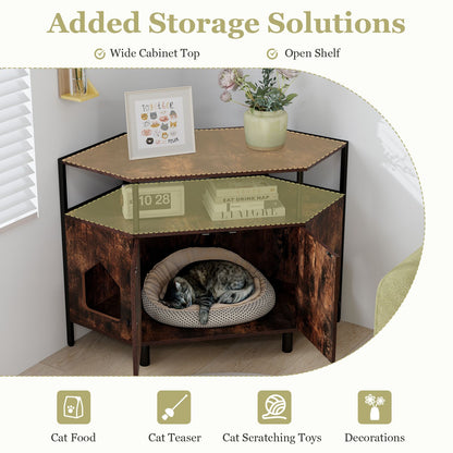 Corner Cat Litter Box Enclosure with Integrated Open Shelf