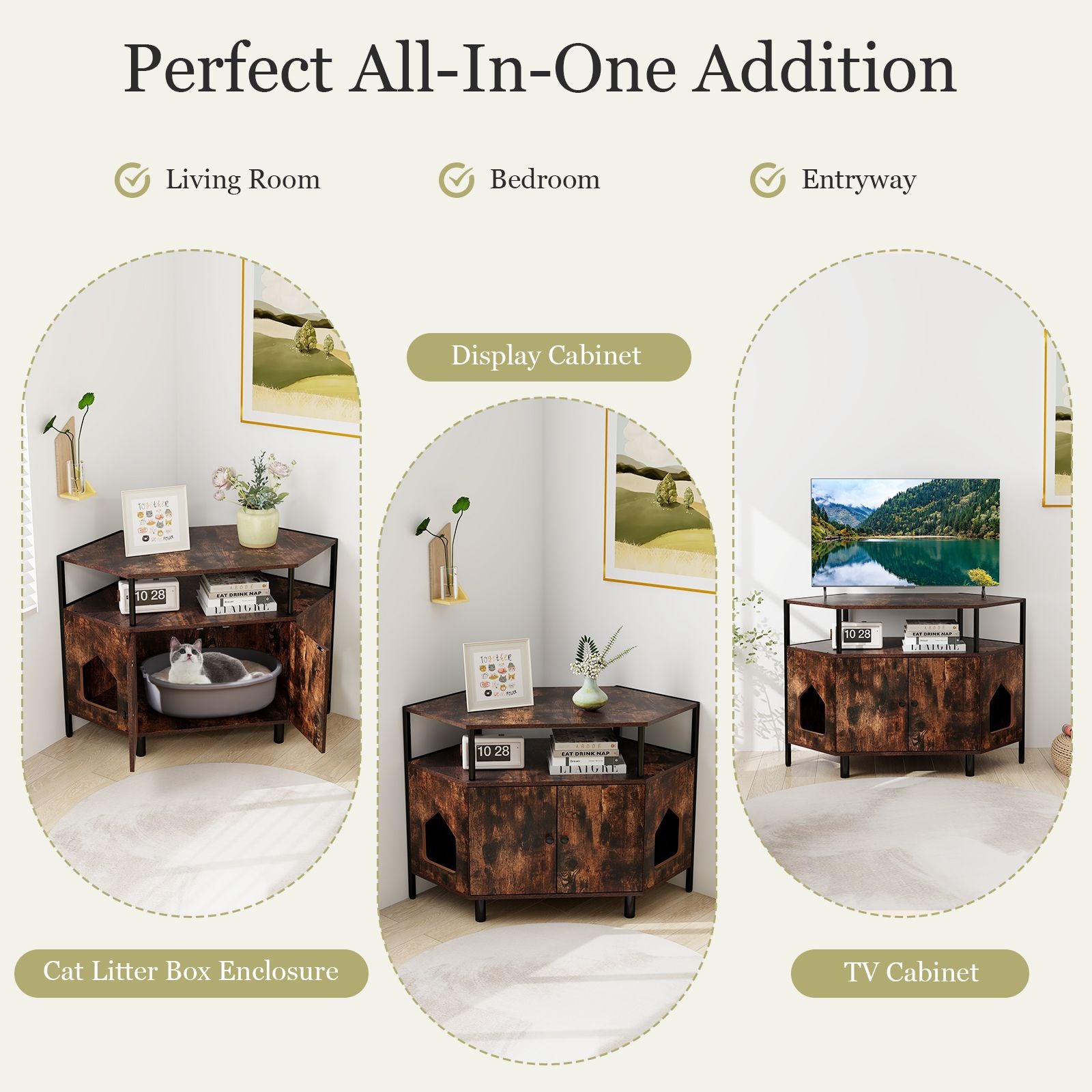 Corner Cat Litter Box Enclosure with Integrated Open Shelf