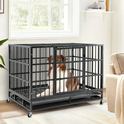 Foldable Metal Dog Cage with Double Doors and Wheels - 96/120 cm