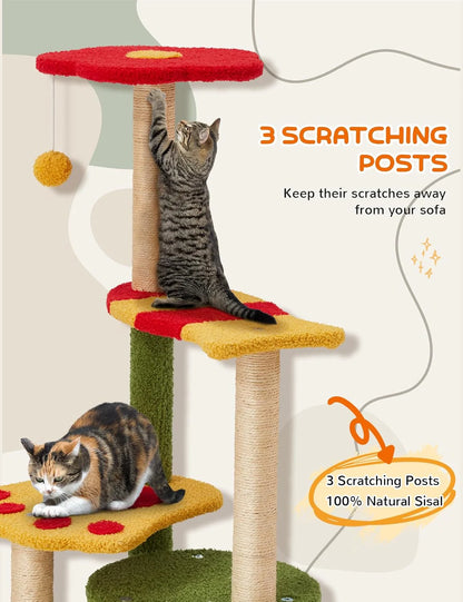 Flower Cat Tree 37In Cute Cat Tree Tower for Indoor Cats with 3 Sisal Covered Scratching Posts, Cozy Tower Condo, Padded Top Perch Green Fun Cat Tree Kitty Condo Cat Furniture for Indoor Cats
