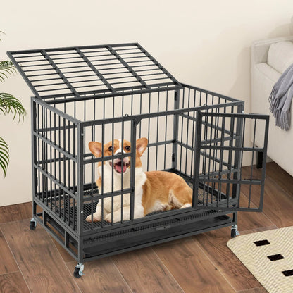 Foldable Metal Dog Cage with Double Doors and Wheels - 96/120 cm
