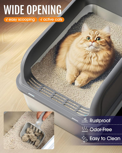 Stainless Steel Cat Litter Box with Scatter-Proof Elevated Step Board and Scoop - Durable Non-Sticky Design in Grey