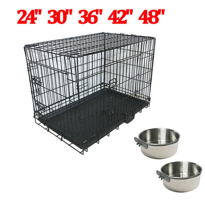Metal Dog Crate and Carrier with Folding Design and Feeding Bowls for Training and Travel