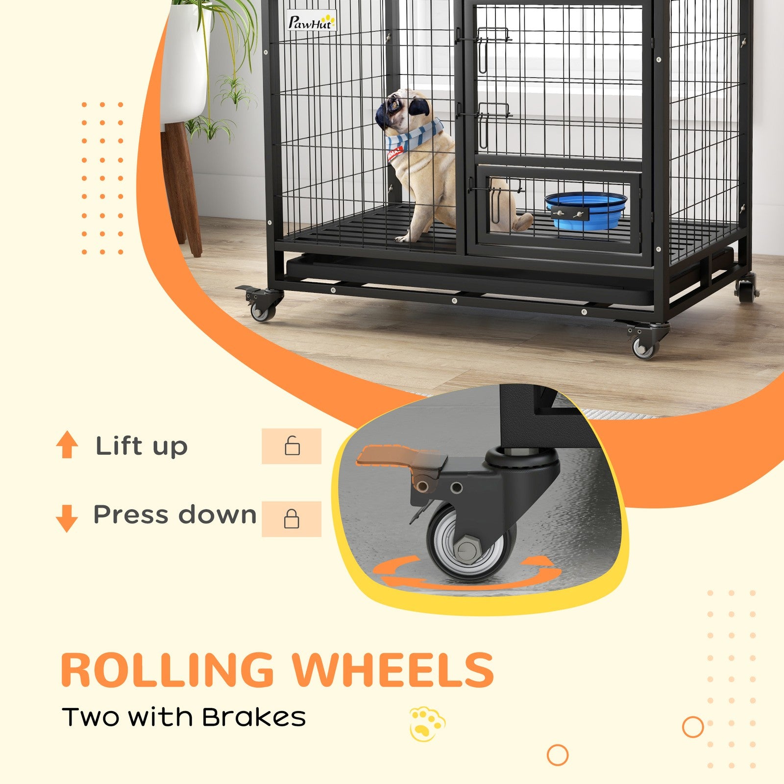 Pawhut 36-Inch Heavy-Duty Dog Crate with Wheels, Bowl Holder, and Removable Tray