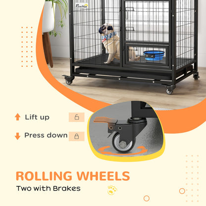 Pawhut 36-Inch Heavy-Duty Dog Crate with Wheels, Bowl Holder, and Removable Tray