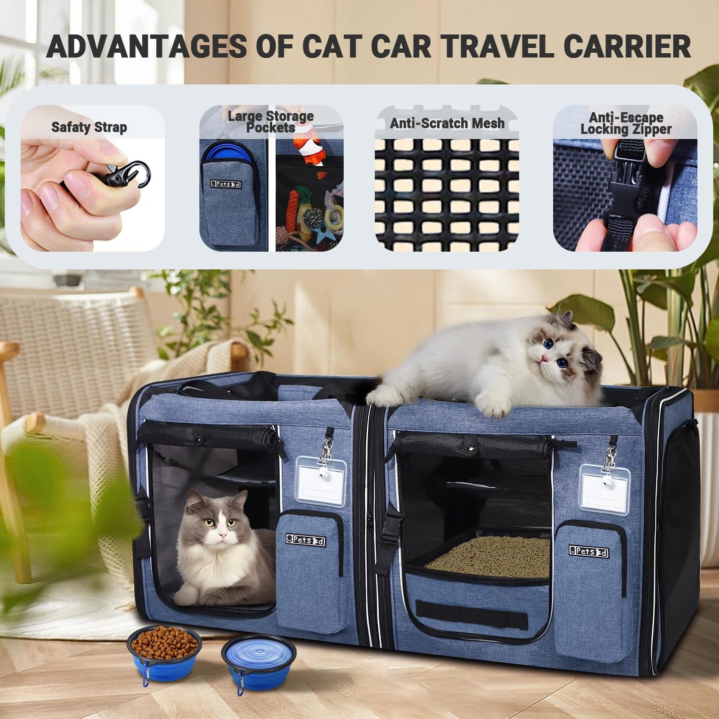 Portable Dual Cat Carrier with Integrated Litter Box (Blue)